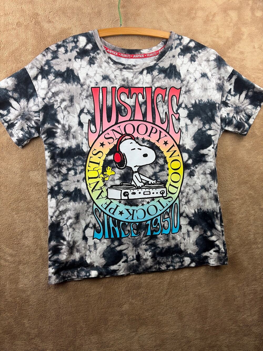 Justice Girls Snoopy DJ Tie Dye Oversized Graphic T Shirt Size XL 18/20 Peanuts